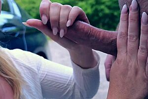 public handjob ends with tit cumshot