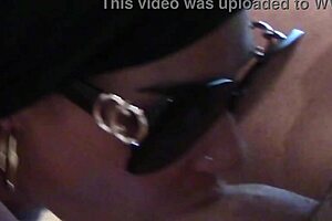Milf in sunglasses swallows cock and shows cum on tongue