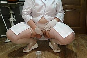 Mature curvy nurse collects urine sample after her play