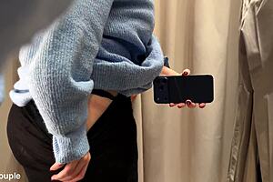 Fitting room handjob with open curtain and risky public blowjob