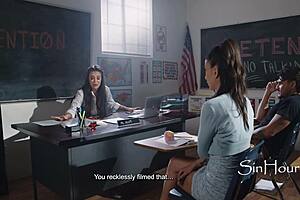 Teacher makes students fuck for amusement in classroom desk scene