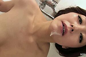 japanese mom caught in shower gives blowjob