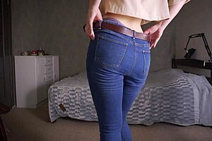 Teasing Tight Blue Jeans Ass With Thongs Underneath