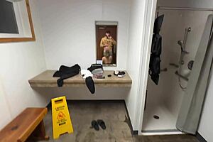 Caught thick milf masturbating in public shower and she sucked my dick