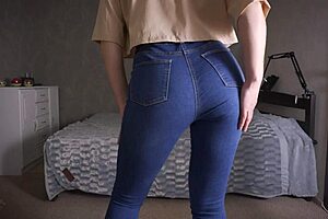 Teasing Tight Blue Jeans Ass With Thongs Underneath
