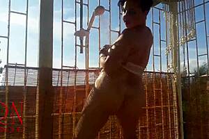 Hot summer terrace shower tease outdoors