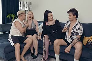 our first awkward swing nervous partner swap on couch turns wild