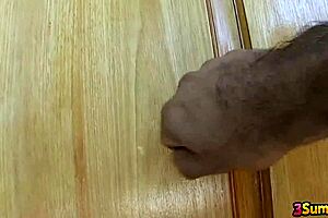 Busty blonde takes two hard cocks