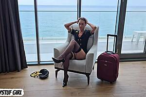 Horny flight attendant wants to relax before flight