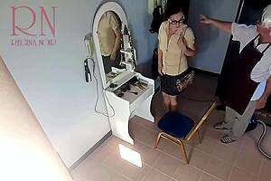 voyeur camera in nude barbershop makes lady undress for hair cut