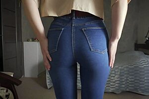 Teasing Tight Blue Jeans Ass With Thongs Underneath