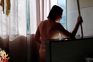 Nudist housewife house cleaning the neighbor loves it