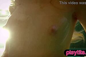 tiny blonde russian milf skinny dips in pool