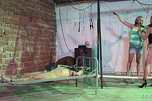 Domina and mistress dominate slave boy hard