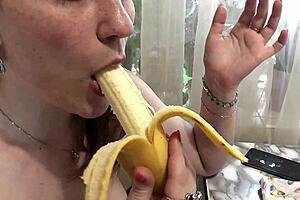 blonde milf and brunette virgin eat banana naked
