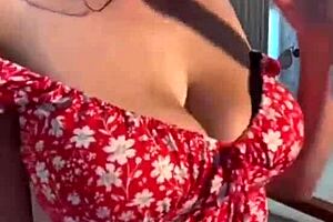 Stepmom fondles her big tits and excites